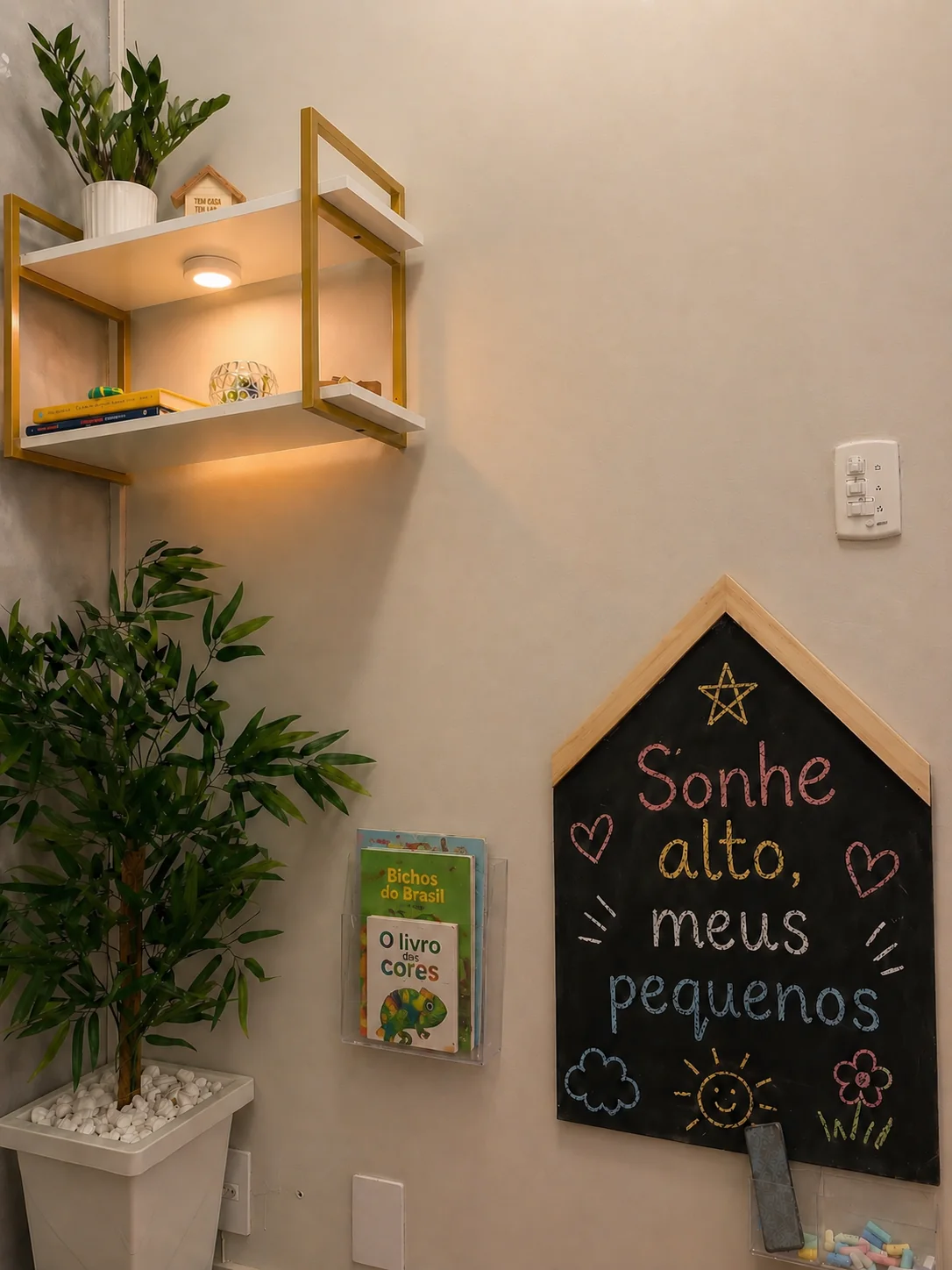 Canto da sala com a lousa em forma de casa, prateleira dourada iluminada, planta e livros infantis